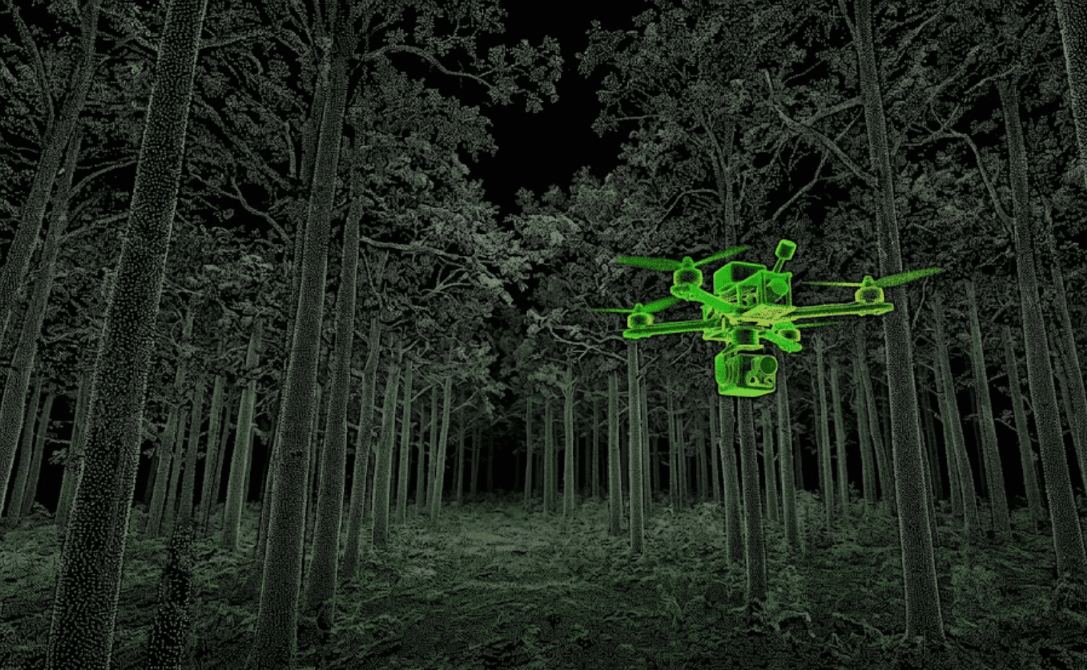 LiDAR point-cloud visualization of a survey drone flying between scanned forest trees
